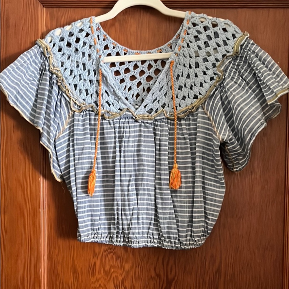 Free People Blue and White Flutter Sleeve Crop Top